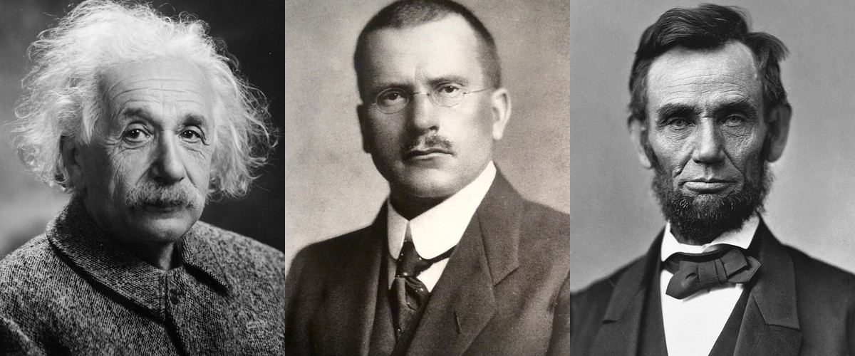 Three portrait photographs side by side: Albert Einstein, Carl Jung, and Abraham Lincoln