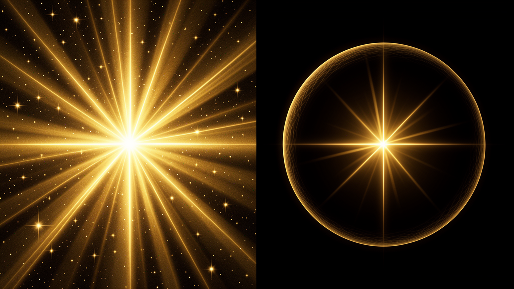 Two panels of golden light: on the left, rays bursting outward into a starfield; on the right, the same light drawn inward and contained within a sphere