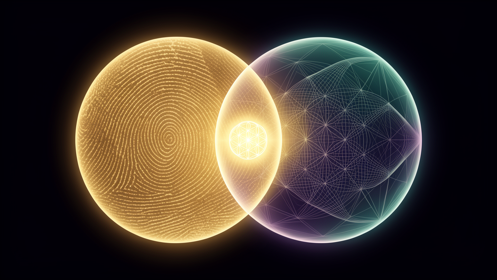 Two overlapping circles form a vesica piscis — one warm and golden like living tissue, one cool and geometric like a wave pattern — meeting in a glowing golden almond with a Flower-of-Life seed at the center.