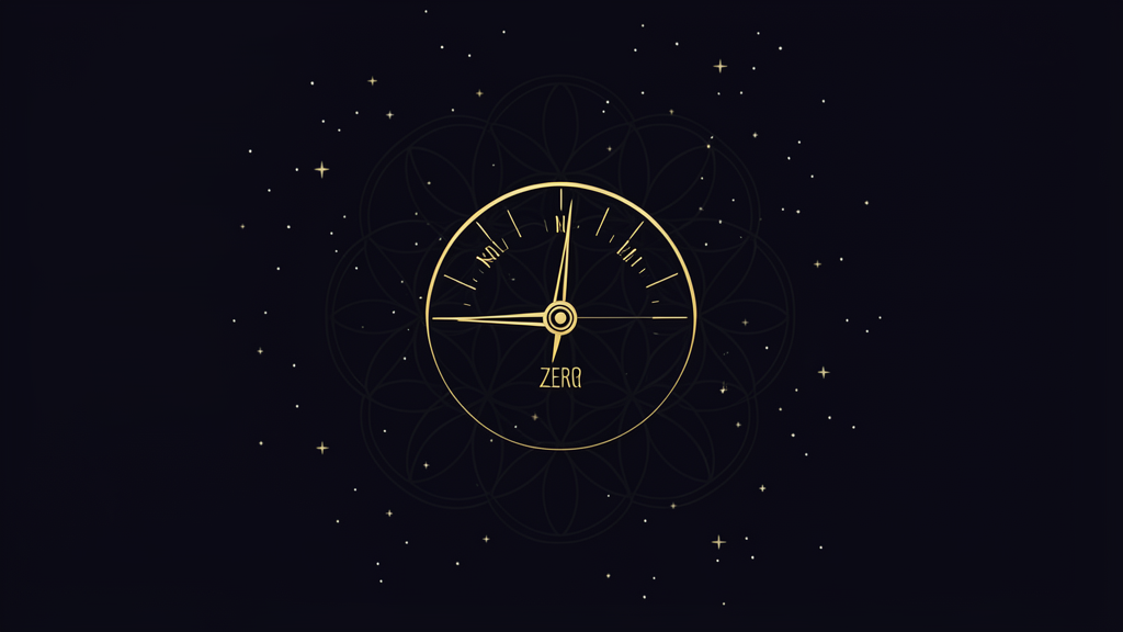A golden instrument dial on deep black, its needle resting at ZERO against a faint Flower-of-Life lattice and a scatter of stars.