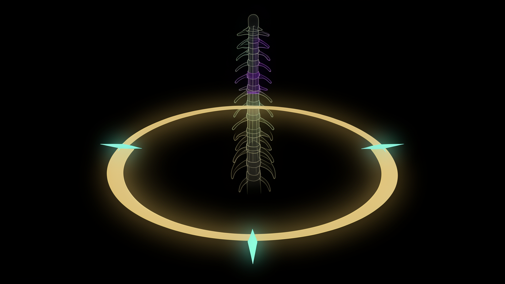 A luminous golden ecliptic ring seen at an angle, with a faint structural spine rising through its center, against deep black