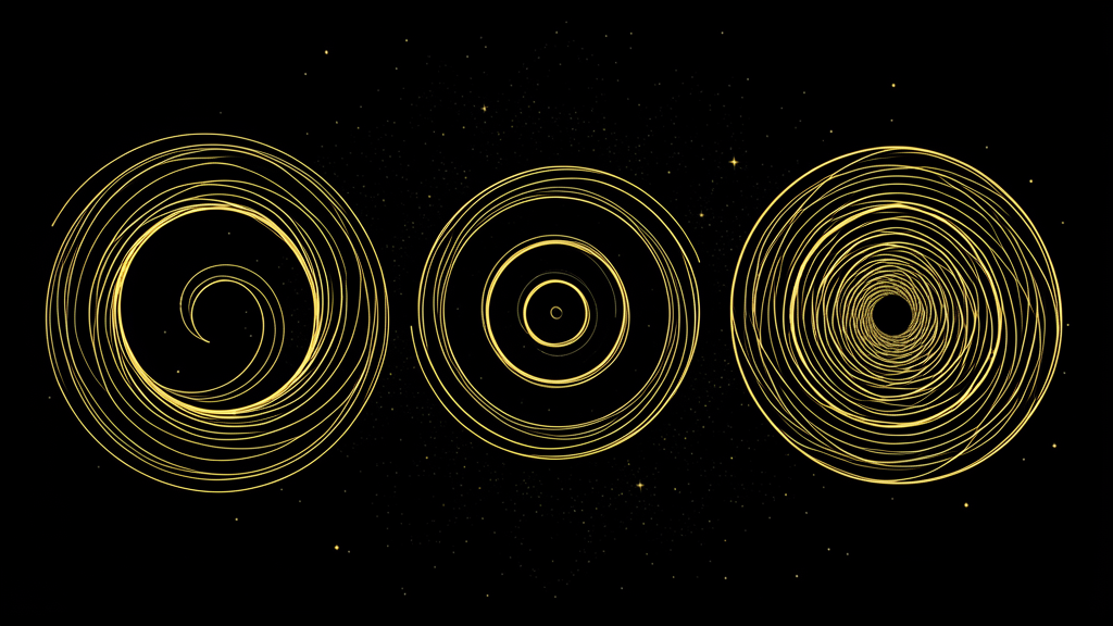 Three golden spirals side by side, loosening to tightening — a loose open spiral, a tighter one, and a densely wound vortex