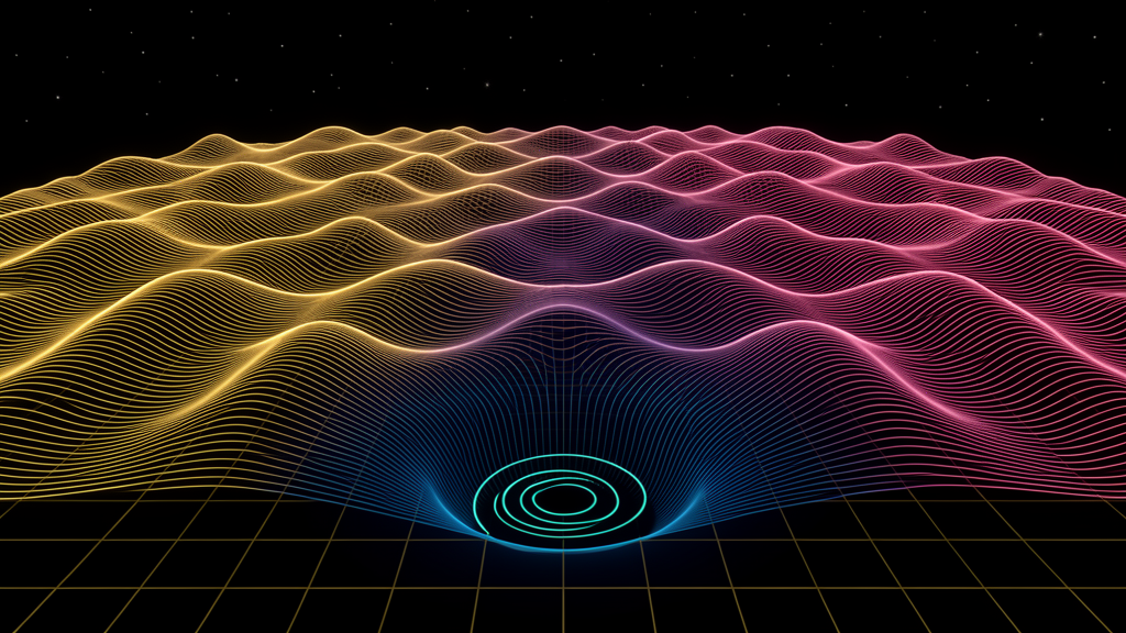 A 3D wave-interference terrain with gold and magenta peaks, deep blue valleys, and a single spiral vortex at a valley floor, on deep black.