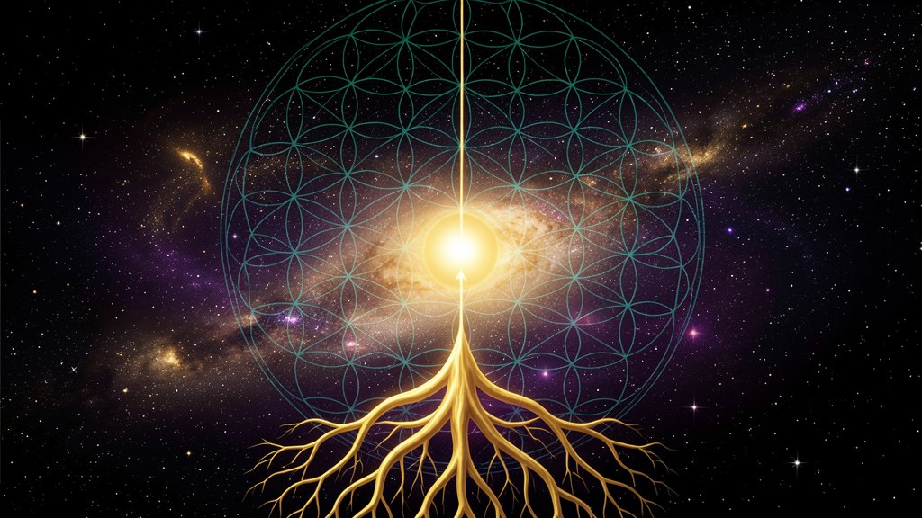 The Galactic Center as Mula, the root-star — golden roots descending into the heart of the galaxy beneath a Flower-of-Life lattice
